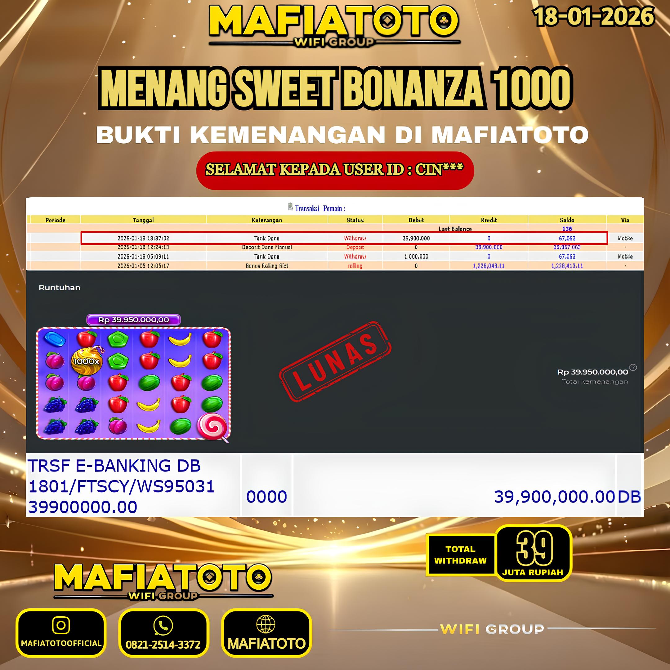 MAFIATOTO JACKPOT SLOT SWEET BONANZA 1000 RP.39.000.000 - LUNAS ID : CIN***