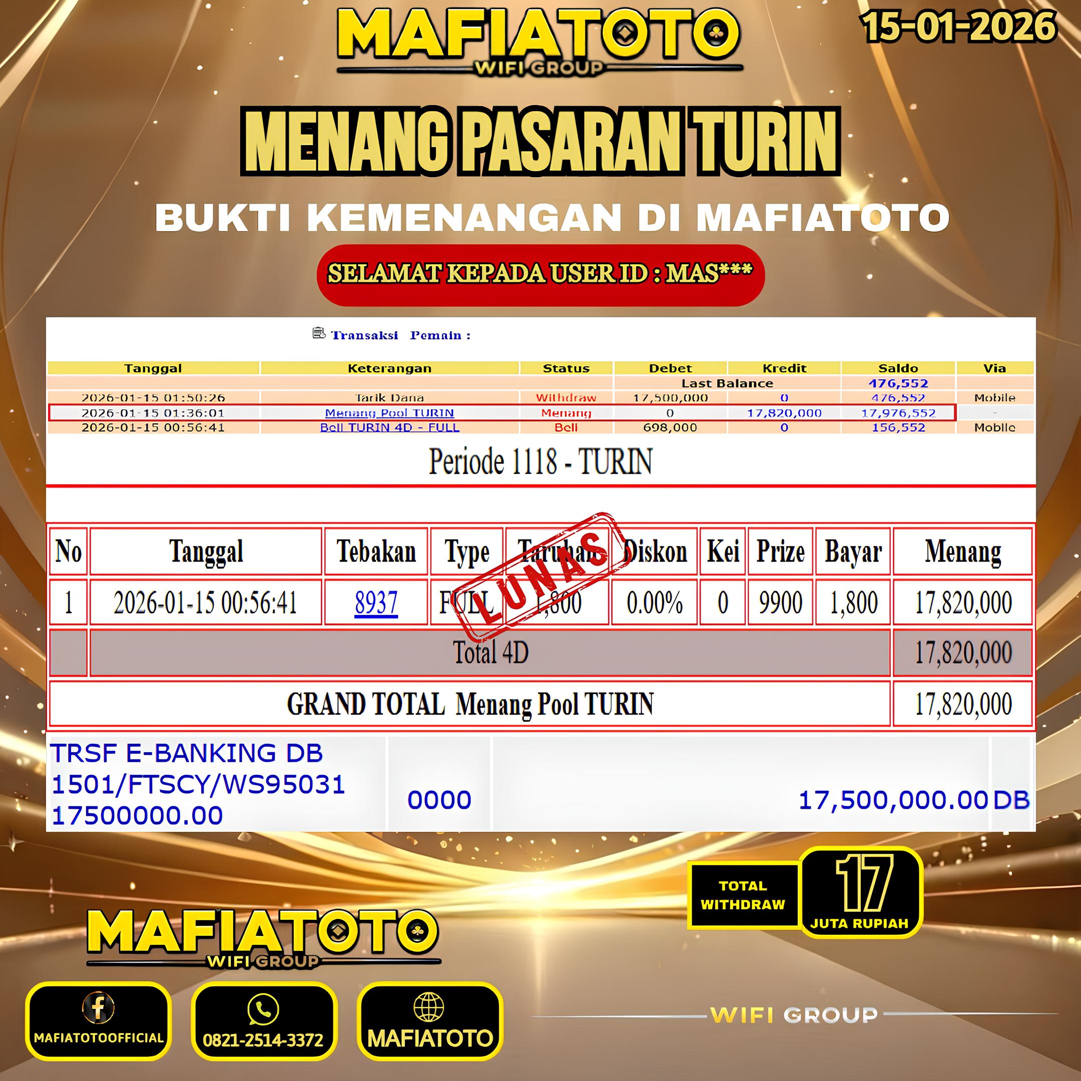 MAFIATOTO JACKPOT TOGEL PASARAN TURIN RP.17.000.000 - LUNAS ID : MAS***