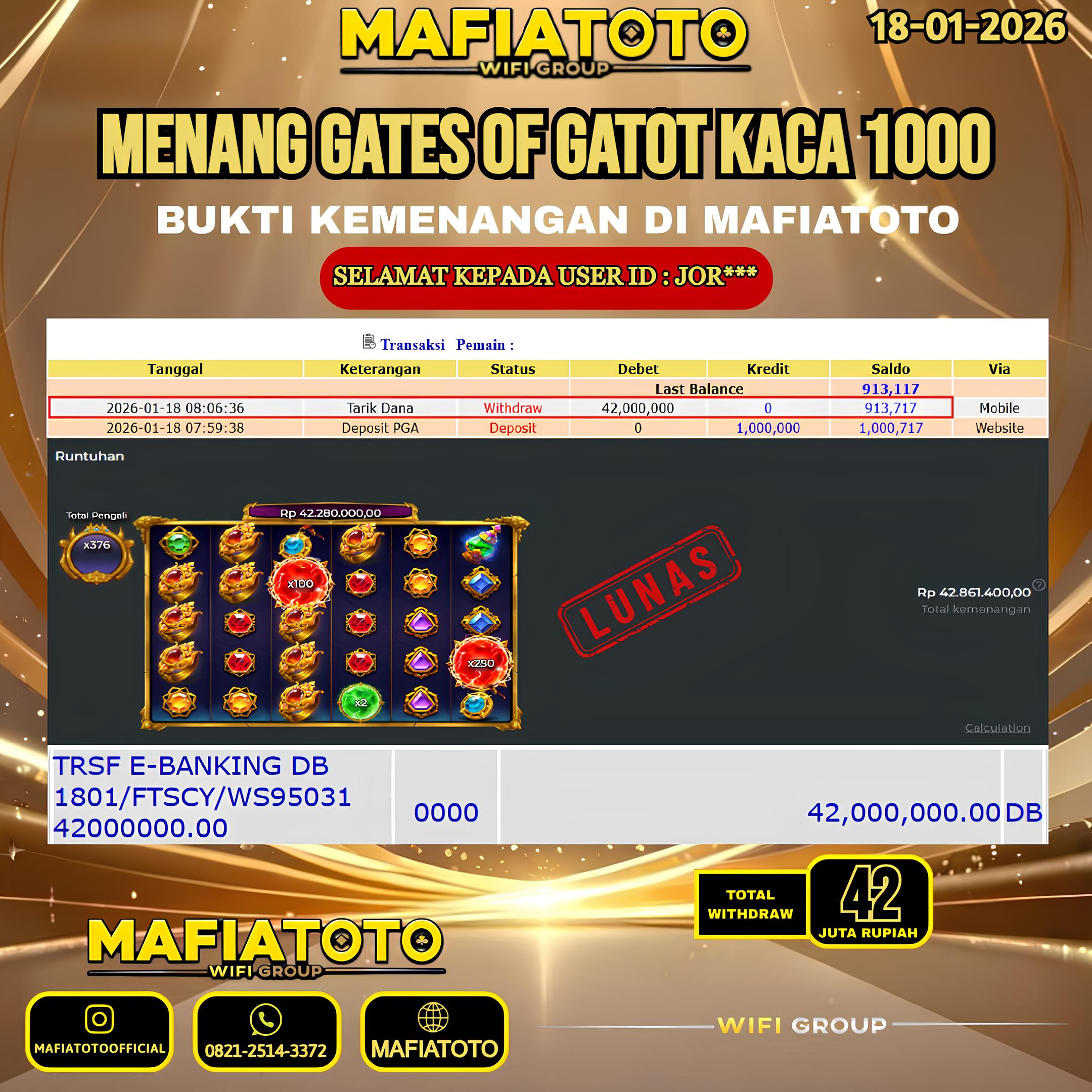 MAFIATOTO JACKPOT SLOT GATES OF GATOT KACA 1000 RP.42.000.000 - LUNAS ID : JOR***