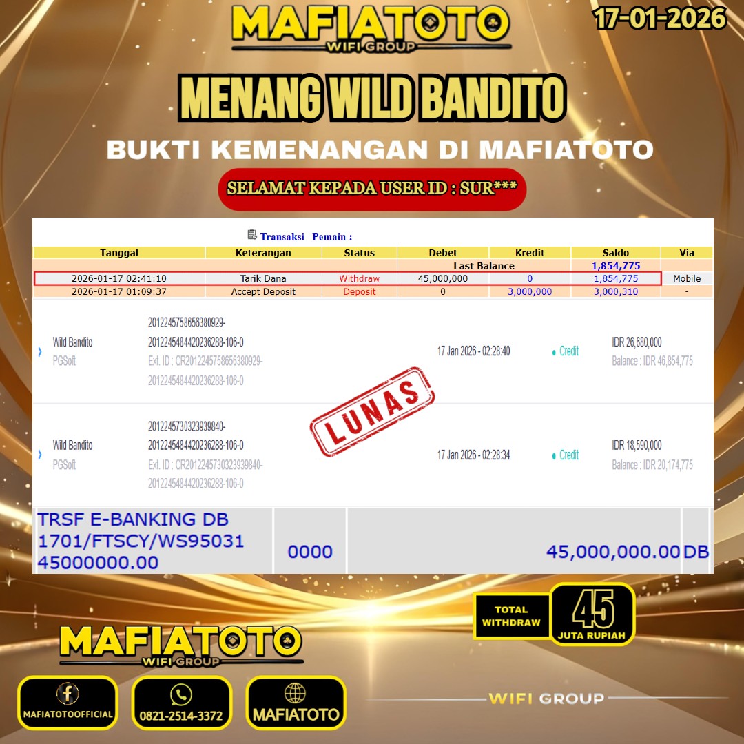 MAFIATOTO JACKPOT SLOT WILD BANDITO RP.45.000.000 - LUNAS ID : SUR***